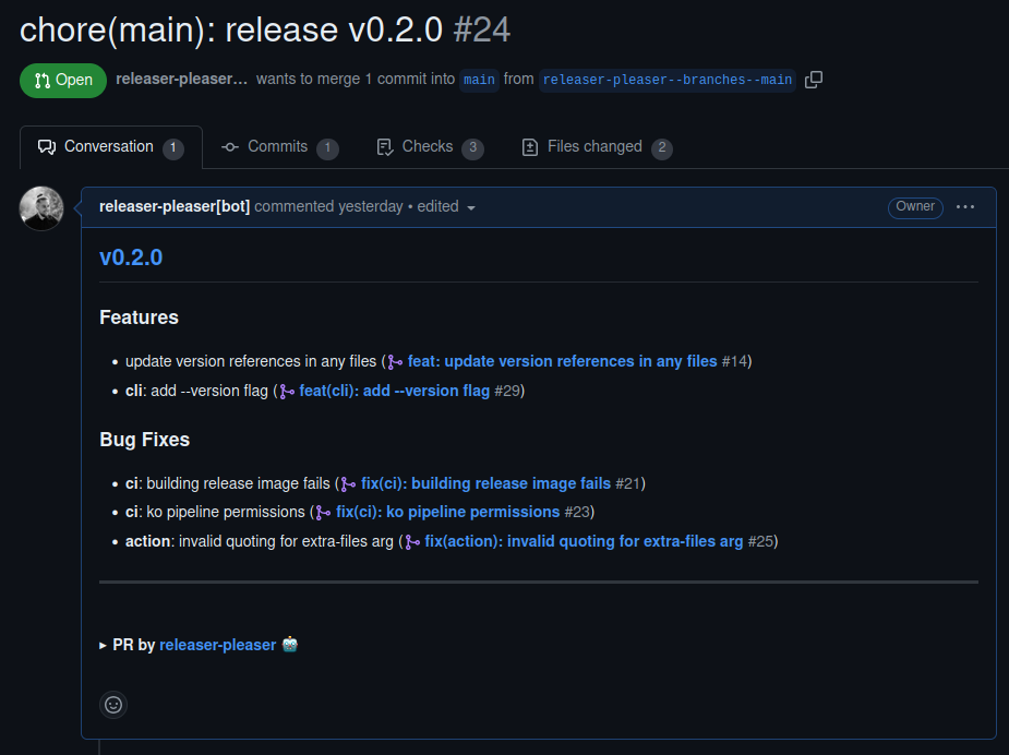 Screenshot of an example Release Pull Request on GitHub