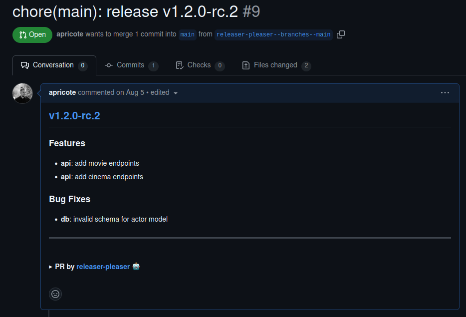 Screenshot of a release pull request on GitHub. It shows the release notes with the three commits from the rp-commits example.