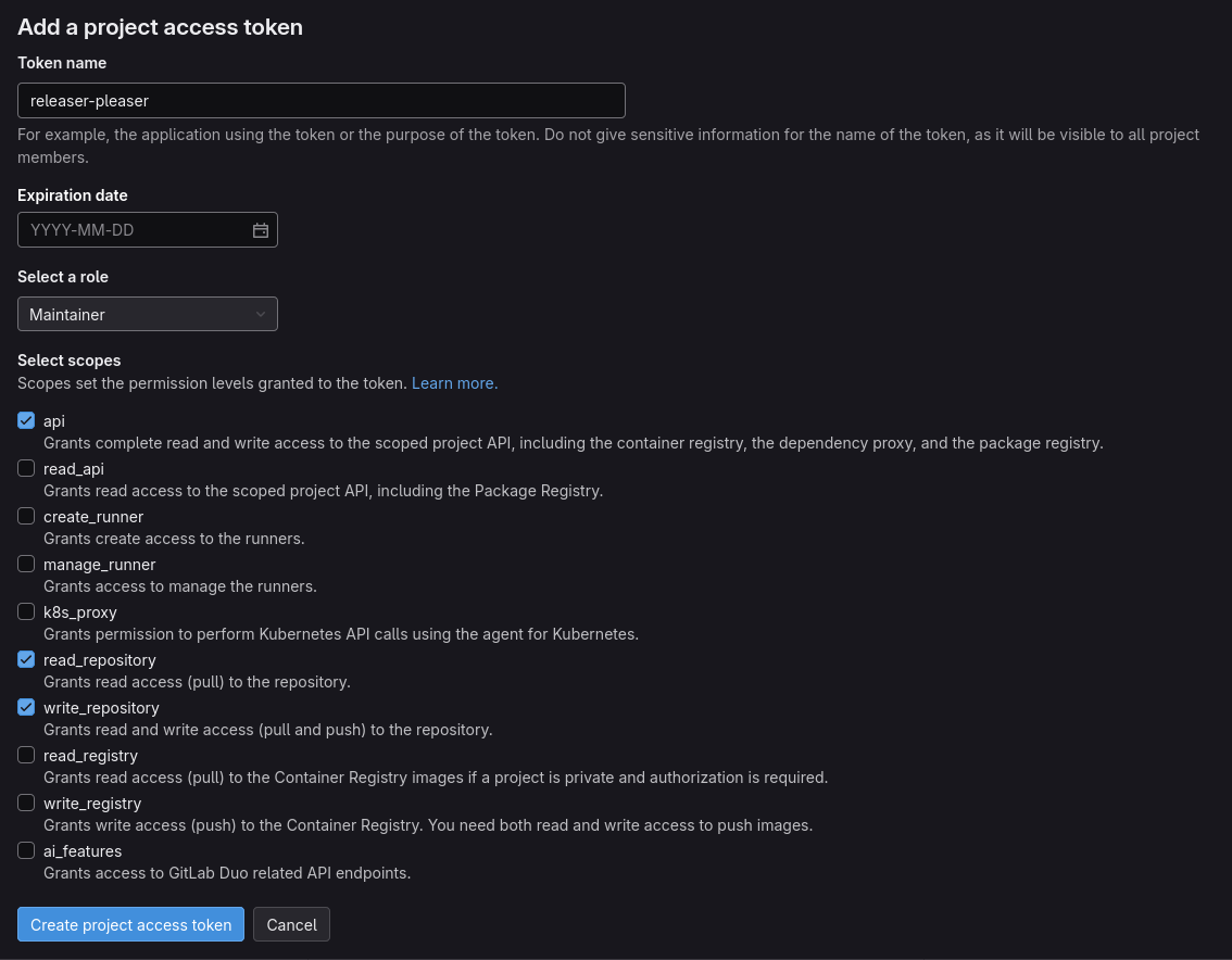 Screenshot of the access token settings