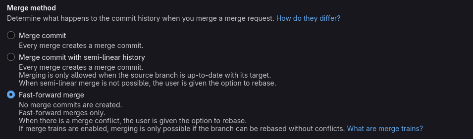 Screenshot of the required merge method settings